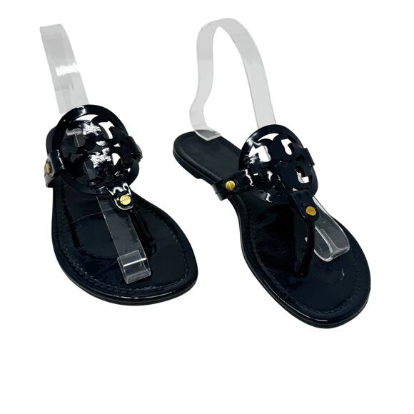 TORY BURCH Perfect Navy Blue Patent Leather Miller Classic Logo Sandals Size 7 - Picture 1 of 9